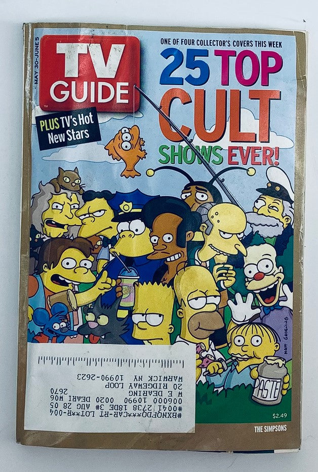 Cover of TV Guide Magazine May 30, 2004 highlighting The Simpsons and the Crazy Cat Lady, featuring characters from the show and promoting '25 Top Cult Shows Ever.' This collectible vintage magazine captures early 2000s pop culture.