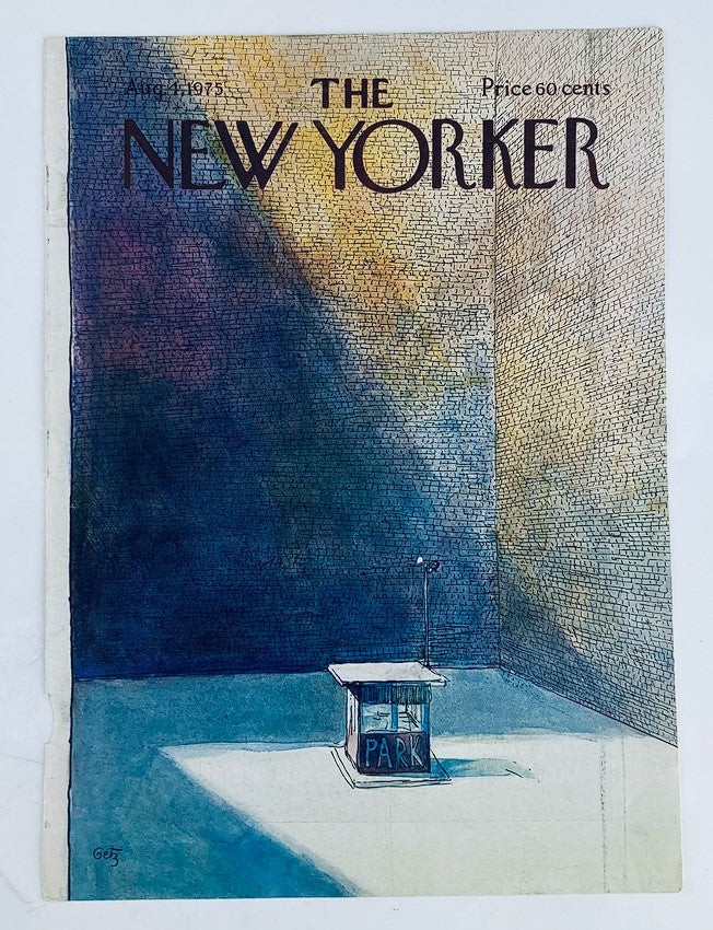 Cover only of The New Yorker dated August 4, 1975, featuring the illustration "Empty Parking" by Arthur Getz. The artwork depicts a solitary parking booth in a stark urban landscape, emphasizing themes of emptiness and nostalgia.