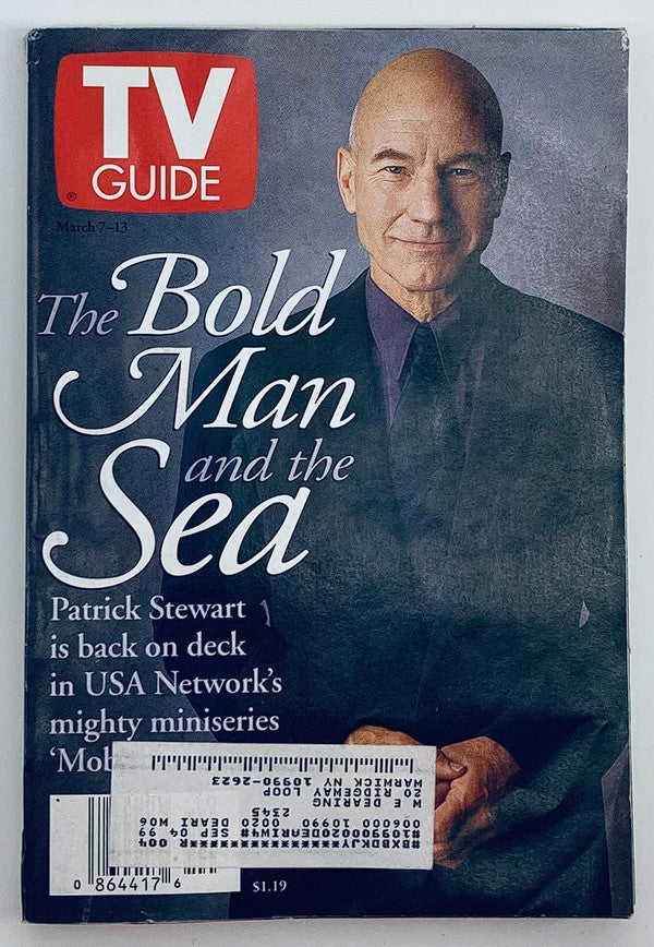 TV Guide Magazine March 7 1998 featuring Patrick Stewart on the cover. The cover displays the title 'The Bold Man and the Sea' along with a photo of Patrick Stewart, highlighting his role in USA Network's miniseries 'Moby Dick'. This collectible issue showcases vintage television history.