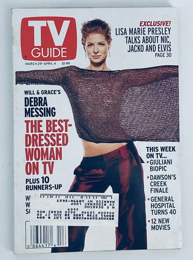 TV Guide Magazine cover from March 29, 2003 featuring Debra Messing, celebrated as the Best Dressed Woman on TV, showcasing early 2000s fashion and pop culture.