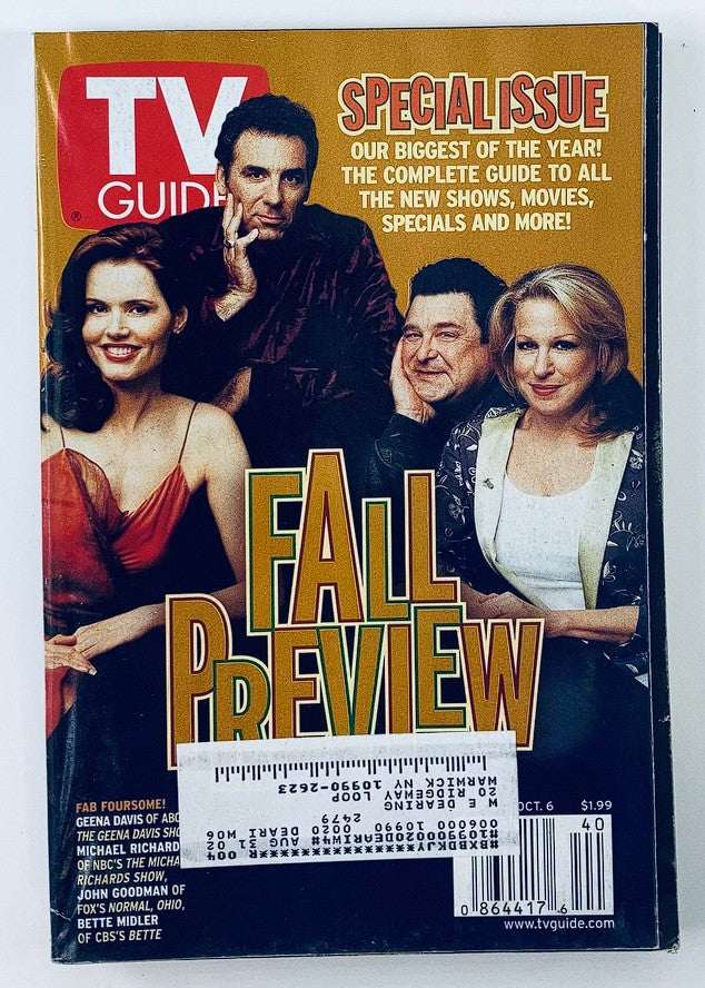 TV Guide Magazine September 30 2000 featuring Geena Davis, Michael Richards, and cast on the cover highlighting TV shows and specials for the Fall Preview.