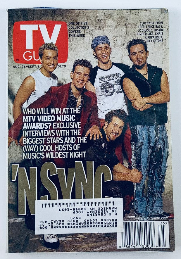 TV Guide Magazine August 26 2000 cover featuring NSYNC, showcasing the iconic boy band with interviews and highlights from the MTV Music Awards, capturing the essence of early 2000s pop culture.