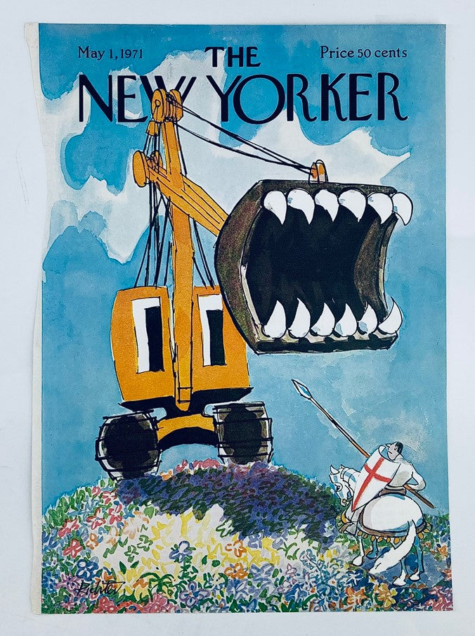 Cover of The New Yorker dated May 1, 1971, showcasing 'Angry Crane' by Mischa Richter, illustrating a yellow excavator with a fierce open mouth, alongside a knight on horseback amidst vibrant floral background.
