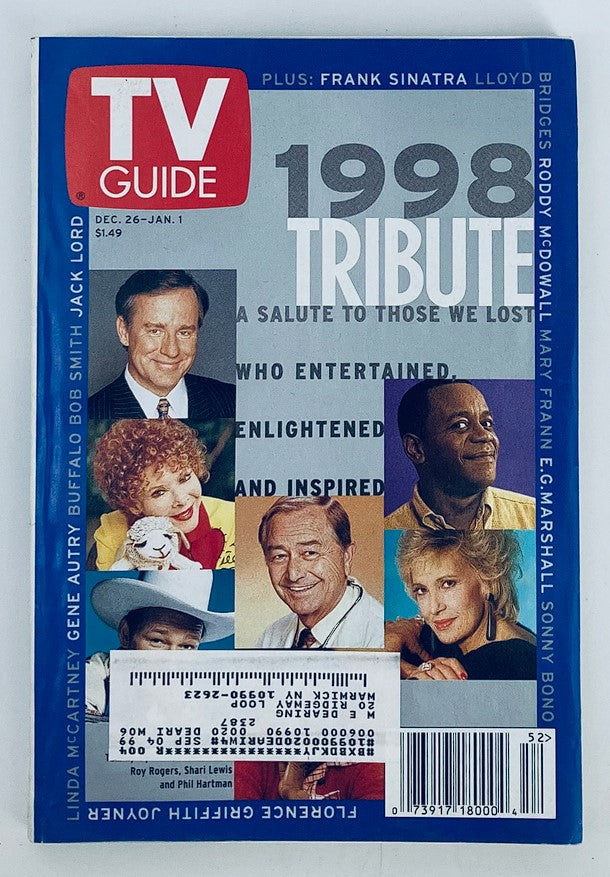 TV Guide Magazine December 26 1998 cover featuring a tribute to notable figures lost in 1998, including Phil Hartman and Shari Lewis, along with various other entertainers and icons from the television industry.