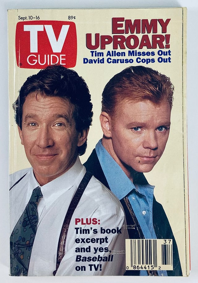 TV Guide Magazine cover from September 10, 1994, featuring Tim Allen and David Caruso, with headlines about Emmy uproar, Tim's book excerpt, and baseball on TV.