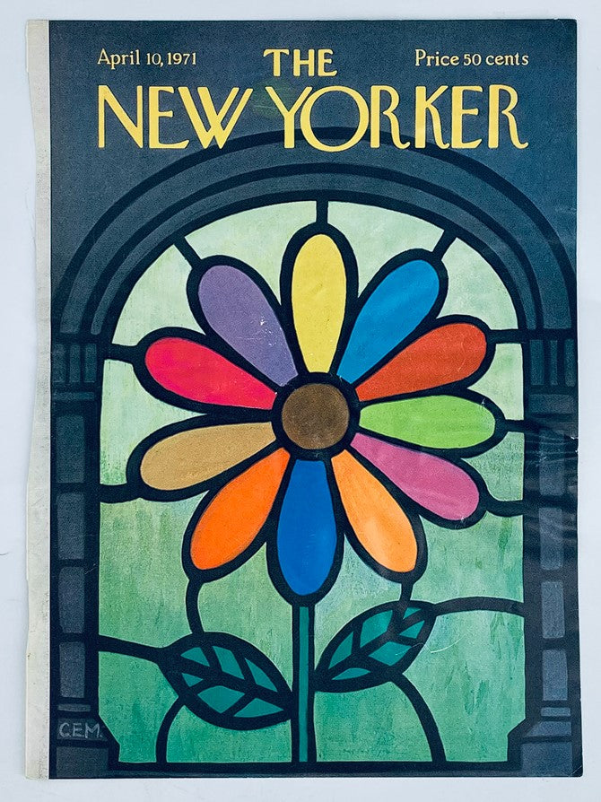 Cover of The New Yorker, April 10, 1971 featuring 'Stained Glass Spring' artwork by Charles E. Martin, depicting a vibrant, multi-colored flower design resembling stained glass.