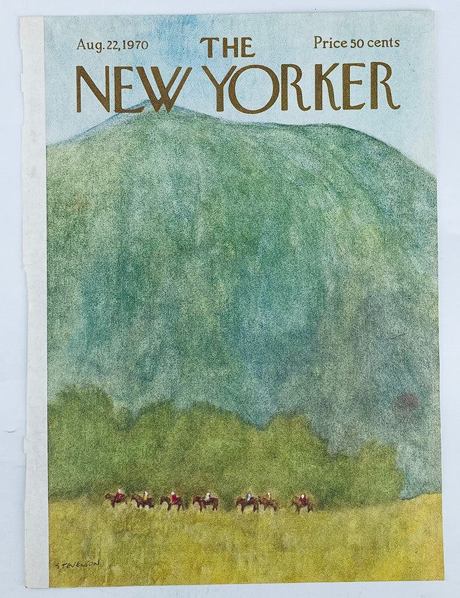 Cover of The New Yorker August 22, 1970, titled 'Mountain Trail' featuring a serene mountain landscape with horseback riders in the foreground, showcasing vintage magazine art.