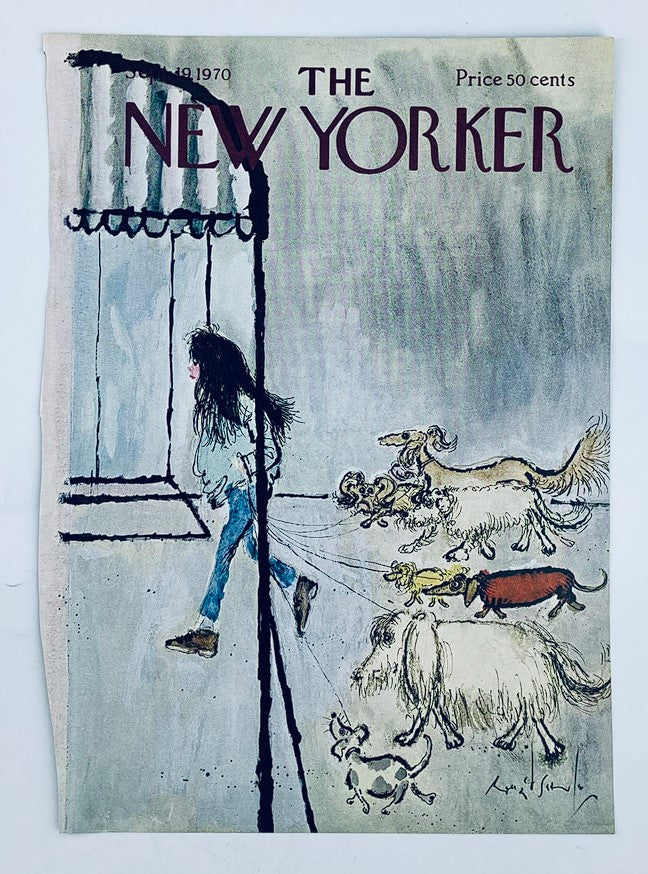 The New Yorker Cover September 19, 1970, titled 'Miss Dogwalker' by Ronald Searle, showcasing a playful scene of a girl walking several dogs.