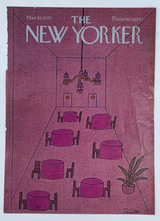 The New Yorker cover from March 31, 1975, showcasing 'Empty Tables' by Robert Tallon, illustrating a tranquil dining space with pink tables and a decorative chandelier.