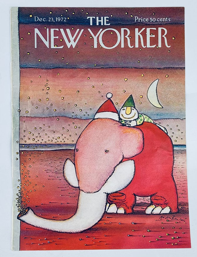 COVER ONLY The New Yorker December 23 1972 showcasing a delightful illustration of a Christmas elephant with a playful character riding it, both decorated for the holidays, set against a serene night scene with a crescent moon.