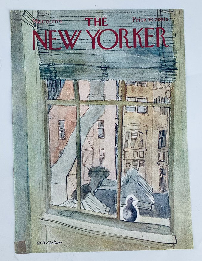Cover of The New Yorker magazine from March 11, 1974, highlighting the artwork "Window Bird" by James Stevenson, depicting a charming urban scene from a window.