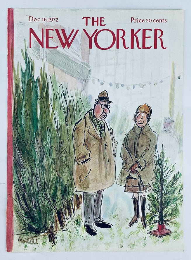 The New Yorker magazine cover from December 16, 1972, titled 'Christmas Tree Dilemma' by Modell, depicting a couple pondering over a Christmas tree among lush greenery.