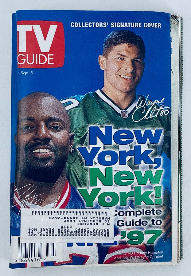 TV Guide Magazine August 30 1997 cover featuring NFL players Rodney Hampton and Wayne Chrebet, highlighting 'New York, New York!' with a vibrant sports theme.