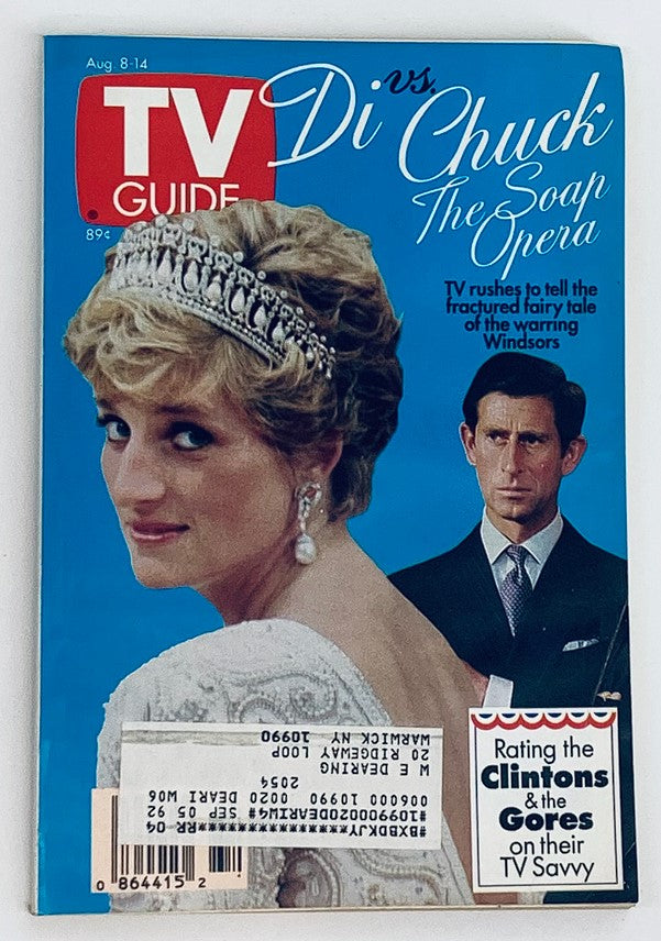 TV Guide Magazine dated August 8, 1992 featuring Prince Charles and Lady Diana on the cover, depicting a vintage design with headlines about their royal story and cultural relevance.