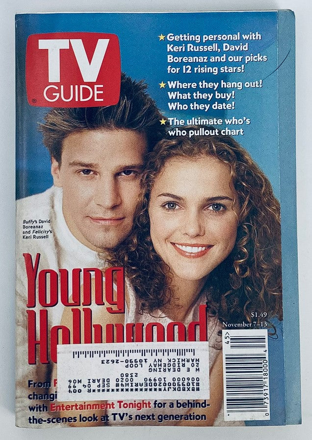 TV Guide Magazine featuring David Boreanaz and Keri Russell on the cover, dated November 7, 1998. The cover highlights personal insights into the actors' lives and showcases elements of the late 1990s television culture.