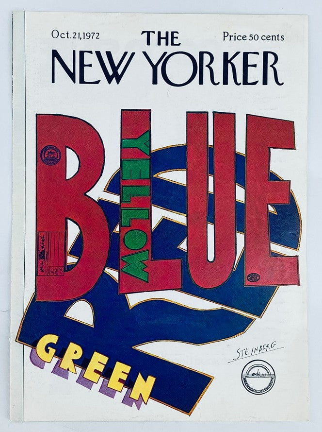 The New Yorker October 21 1972 Cover by Saul Steinberg showcasing vibrant colors and whimsical design, with the text 'BLUE YELLOW GREEN' prominently featured.