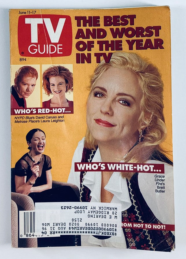 TV Guide Magazine cover from June 11-17 featuring Brett Butler from Grace Under Fire and David Caruso from NYPD Blue, showcasing 'The Best and Worst of the Year in TV' with a vibrant orange background and promotional headlines.