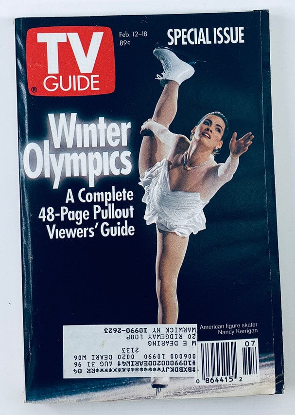 Cover of TV Guide Magazine February 12 1994 featuring Olympic figure skater Nancy Kerrigan, showcasing her grace and athleticism during the Winter Olympics, special issue highlighting a complete viewer's guide.