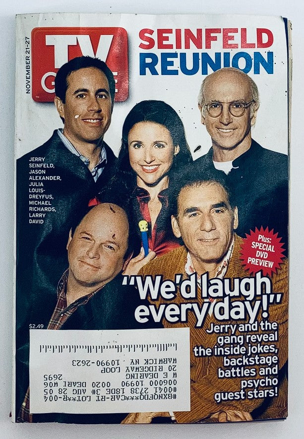 Cover of TV Guide Magazine November 21, 2004 featuring the Seinfeld reunion with Jerry Seinfeld, Jason Alexander, Julia Louis-Dreyfus, Michael Richards, and Larry David, highlighting the nostalgia of classic television.