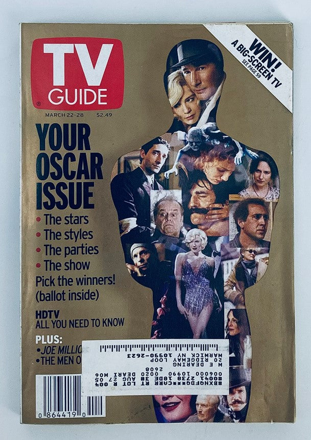 TV Guide Magazine March 22 2003 featuring Adrien Brody and Nicolas Cage on the cover, showcasing notable Oscar highlights and entertainment themes, perfect for vintage magazine collectors.