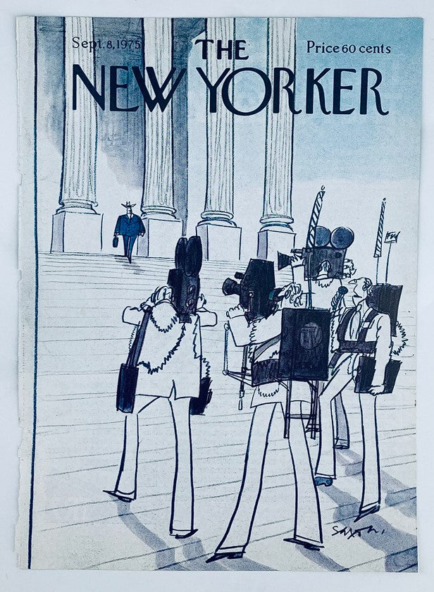 COVER ONLY The New Yorker September 8 1975 News Crew by Charles Saxon: artistic rendering of a news team capturing an event, highlighting the styles and energy of the 1970s.