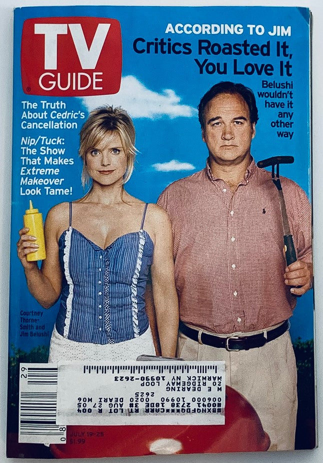 TV Guide Magazine July 19 2003 featuring Jim Belushi and Courtney Thorne-Smith on the cover, showcasing their iconic roles and the cultural impact of early 2000s television.