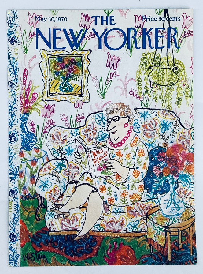 COVER ONLY The New Yorker May 30 1970 featuring whimsical artwork by William Steig, depicting a woman reading a book titled 'Mild Flower' while seated on a floral-patterned couch, surrounded by vibrant plants and art.