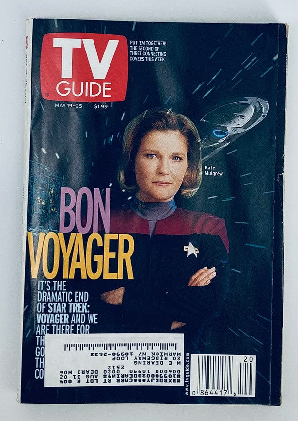 TV Guide Magazine May 19 2001 cover featuring Kate Mulgrew as Captain Janeway, highlighting the Bon Voyager story, capturing the essence of early 2000s television.