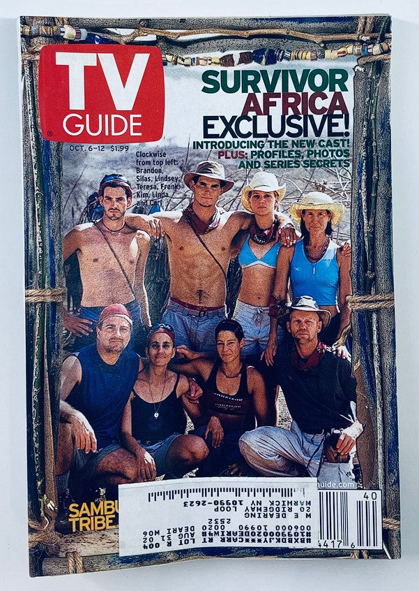 Cover of TV Guide Magazine dated October 6, 2001 featuring a cast from Survivor Africa. Highlights include exclusive introductions to the new cast and profile photos, along with series secrets. Perfect for collectors of vintage magazines.