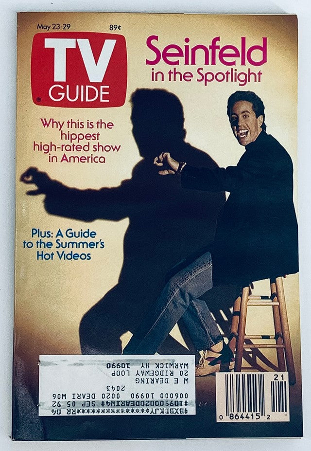 Cover of TV Guide Magazine dated May 23, 1992 featuring Jerry Seinfeld in the Spotlight NY Metro Edition, highlighting the show as the hip high-rated show in America.