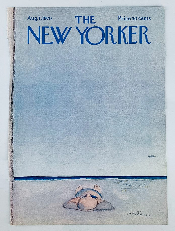 Front cover of The New Yorker magazine, August 1, 1970, showcasing the artwork 'The Beach' by Andre Francois, illustrating a sunbather relaxing by the ocean.