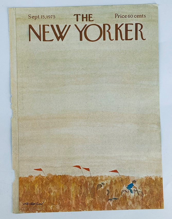 Cover of The New Yorker September 15, 1975 featuring an illustration of a bike race by James Stevenson, capturing the essence of urban cycling.