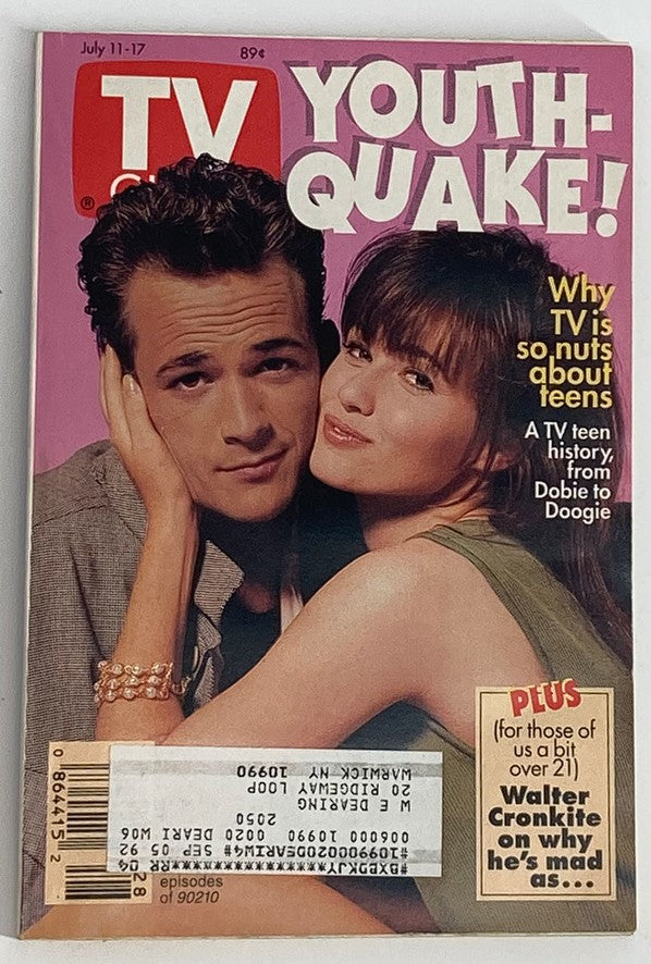 Cover of TV Guide Magazine July 11, 1992 featuring Shannon Doherty and Luke Perry, highlighting 'Youth Quake!' with a vibrant pink theme.