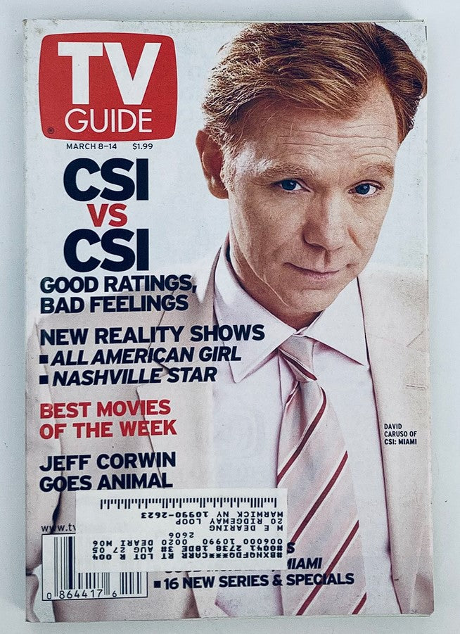 TV Guide Magazine March 8 2003 featuring David Caruso, star of CSI: Miami, on the cover, showcasing themes like CSI vs. CSI, upcoming reality shows, and feature articles.
