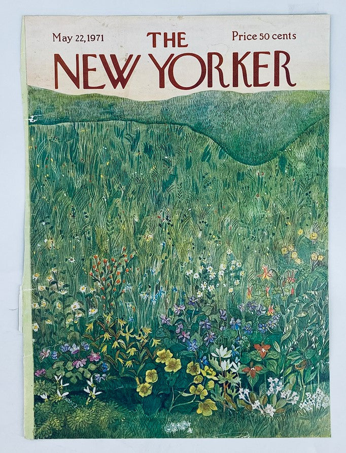 Vintage cover of The New Yorker from May 22, 1971, displaying 'Wild Flowers' by Ilonka Karasz, showcasing a rich illustration of diverse flowers and greenery.