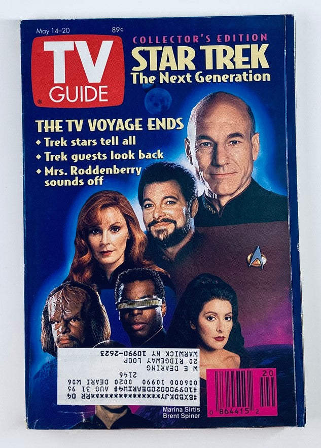 Cover of TV Guide Magazine May 14, 1994 featuring Star Trek: The Next Generation. The magazine highlights LeVar Burton, Patrick Stewart, and other cast members with the caption 'The TV Voyage Ends.' This collector's edition provides insights into the series and its impact on television history.