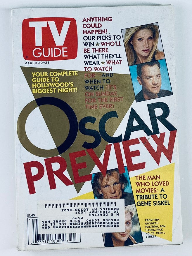 Cover of TV Guide Magazine from March 20, 1999 featuring Tom Hanks, Nick Nolte, and Meryl Streep, highlighting an Oscar preview and entertainment guide.