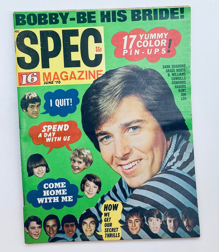 Cover of VTG Spec 16 Magazine from June 1970 featuring Bobby Sherman with colorful graphics and text promoting pin-ups and articles about Dark Shadows.