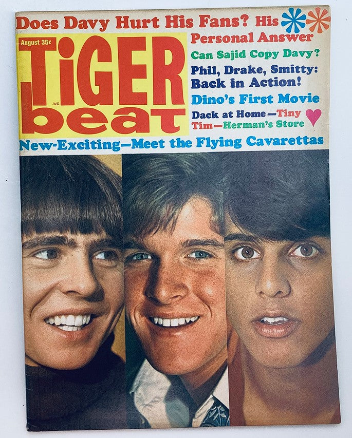 Cover of VTG Tiger Beat Magazine from August 1968 featuring prominent images of Davy Jones, Sajid Khan, and another teen idol, with colorful titles addressing pop culture topics.