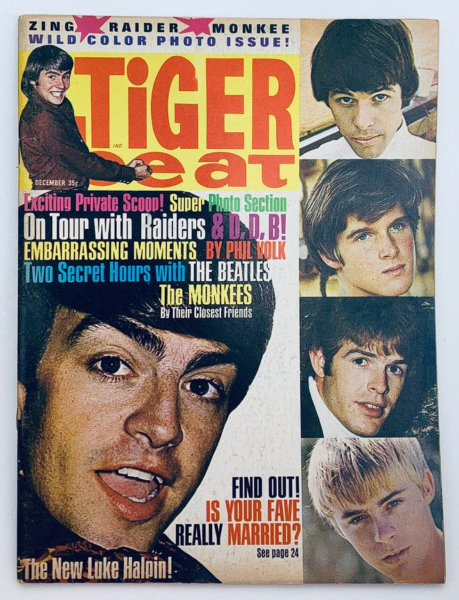 VTG Tiger Beat Magazine December 1966 featuring Luke Halpin on the cover, showcasing photographs and articles about The Beatles and other teen idols from the '60s, capturing the essence of vintage pop culture.