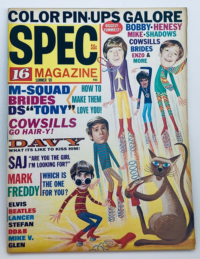 Cover of VTG Spec 16 Magazine Summer 1969 featuring vibrant colors, illustrations of pop culture icons, and the title prominently displayed. Highlights include a mention of Bobby Sherman and The Beatles, along with pin-up visuals inside.