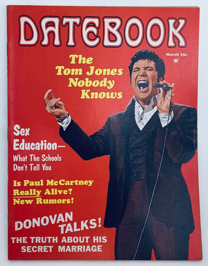 Cover of VTG Datebook Magazine from March 1970 featuring 'The Tom Jones Nobody Knows.' The vibrant red cover showcases the iconic singer Tom Jones performing, highlighting topics such as sex education and celebrity gossip from the era, making it a collectible for vintage magazine enthusiasts.