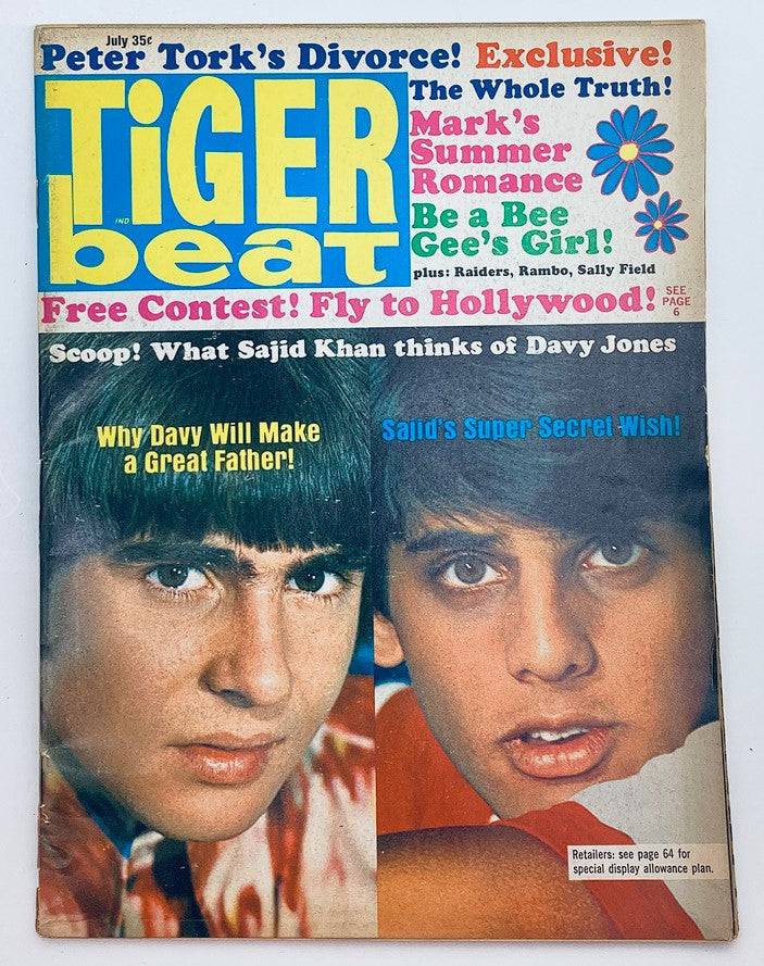Cover of VTG Tiger Beat Magazine July 1968 featuring David Jones and Sajid Khan, with vibrant colors and bold typography. Highlights include articles on Peter Tork's divorce, exclusive content, and a summer romance feature. This collectible magazine is a prime example of 1960s teen culture.