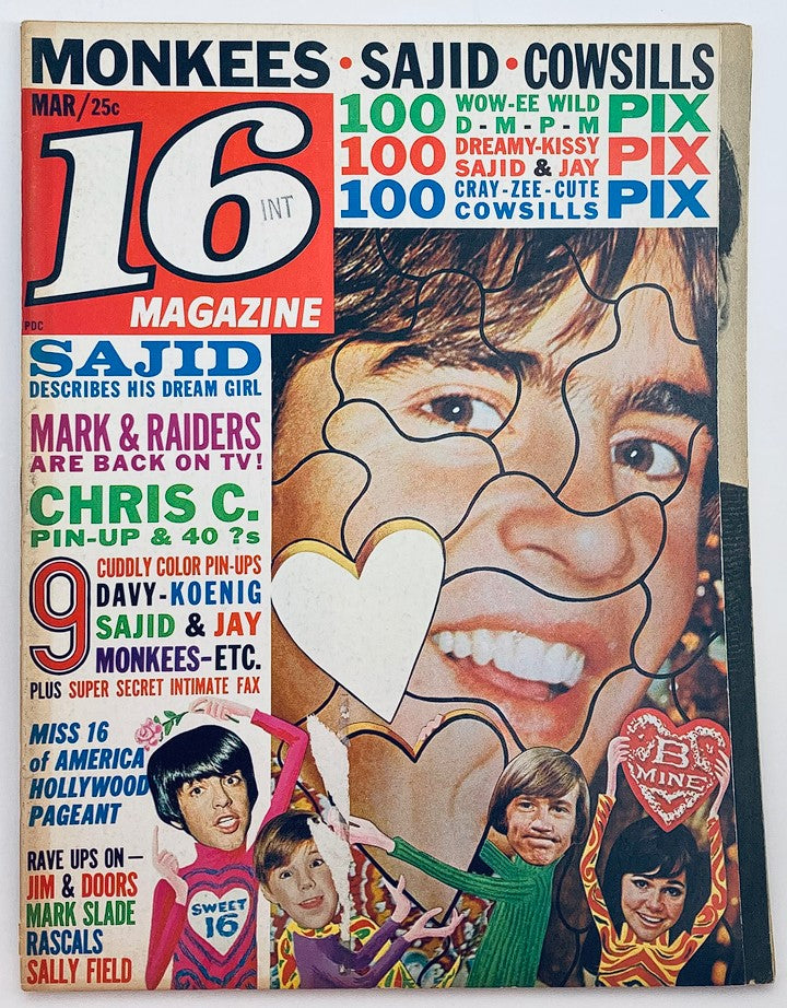 Cover of VTG 16 Magazine March 1968 featuring The Monkees, Sajid Khan, and colorful retro graphics, highlighting pop culture from the 1960s.