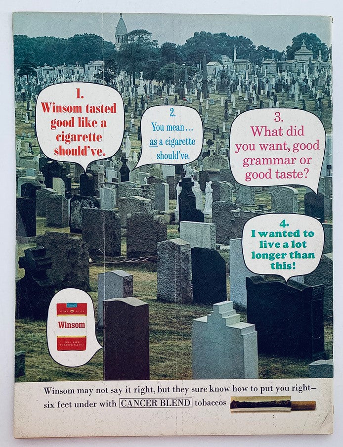 Back cover of Mad Magazine January 1971 No. 140, showcasing a humorous advertisement for Winsom cigarettes set in a graveyard, with animated dialogue bubbles highlighting the witty satire typical of the magazine.