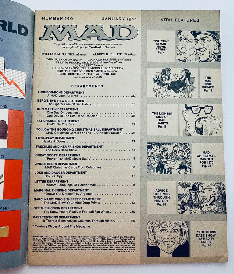 Inside page of Mad Magazine January 1971 No. 140 displaying the table of contents, listing various features and departments such as "Put-On" and others characteristic of the magazine's early 1970s satirical style.