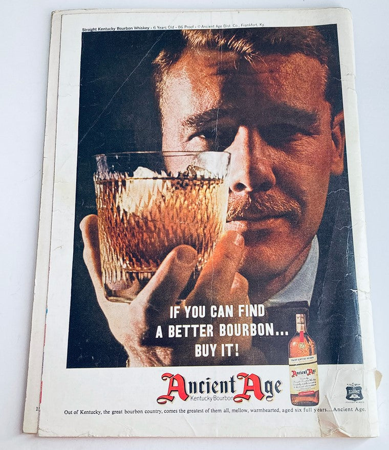 Vintage Playboy Magazine April 1961 Nancy Nielsen cover featuring an advertisement for Ancient Age Kentucky Bourbon whiskey, showcasing a man holding a glass of bourbon with the tagline 'IF YOU CAN FIND A BETTER BOURBON... BUY IT!' emphasizing the nostalgia and vintage appeal of the magazine.