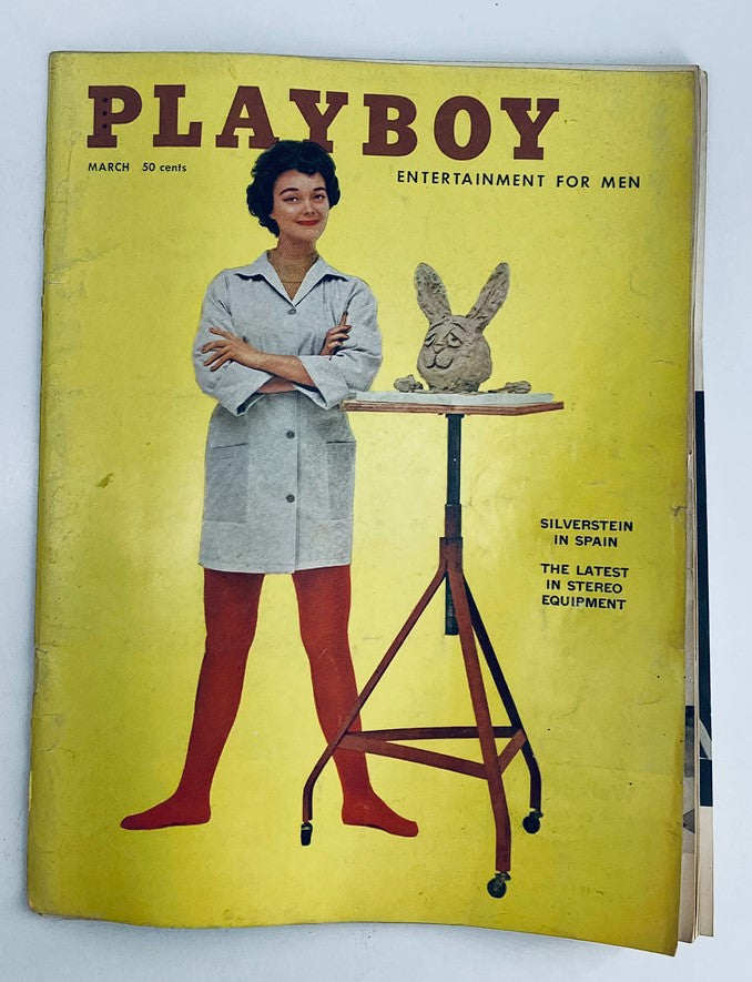 VTG Playboy Magazine March 1959 cover featuring Audrey Daston with a vibrant yellow background and a playful stance, highlighting the issue as a collectible vintage item.