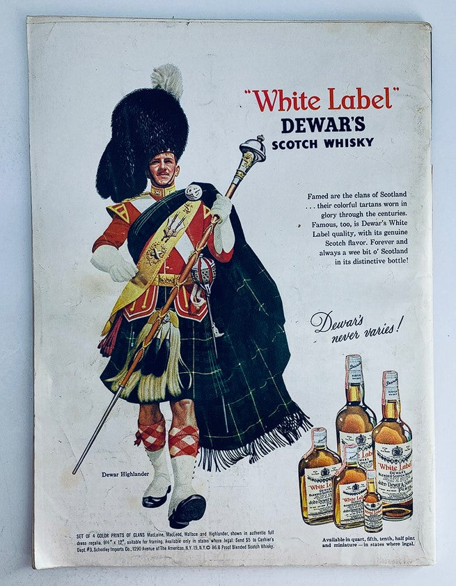 Back cover advertisement for Dewar's White Label Scotch Whisky in VTG Playboy Magazine August 1963, featuring a Scottish highlander in traditional attire promoting the brand.