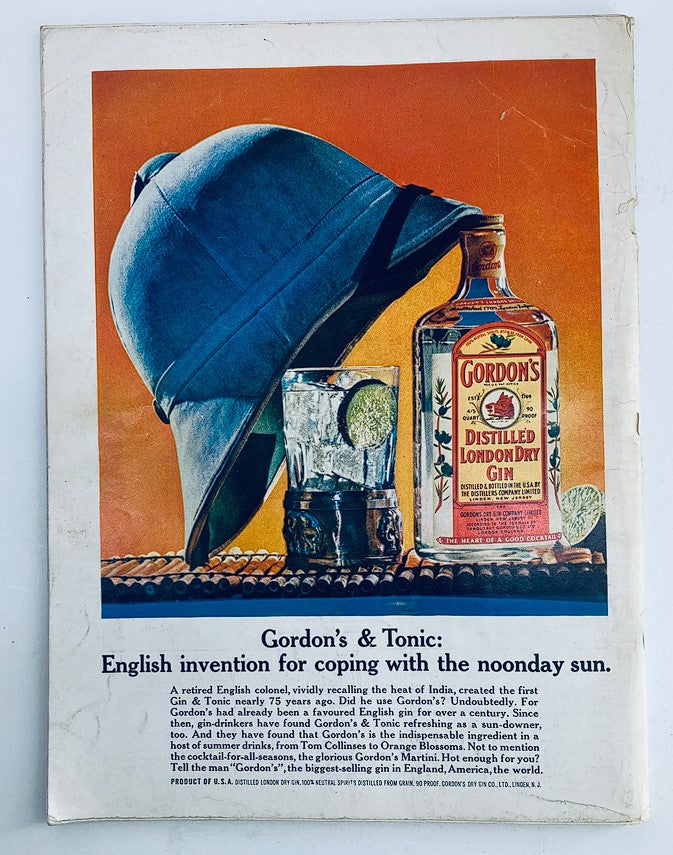 Vintage advertisement from Playboy Magazine June 1963 showcasing Gordon's London Dry Gin with a cocktail glass, tropical hat, and vibrant colors.